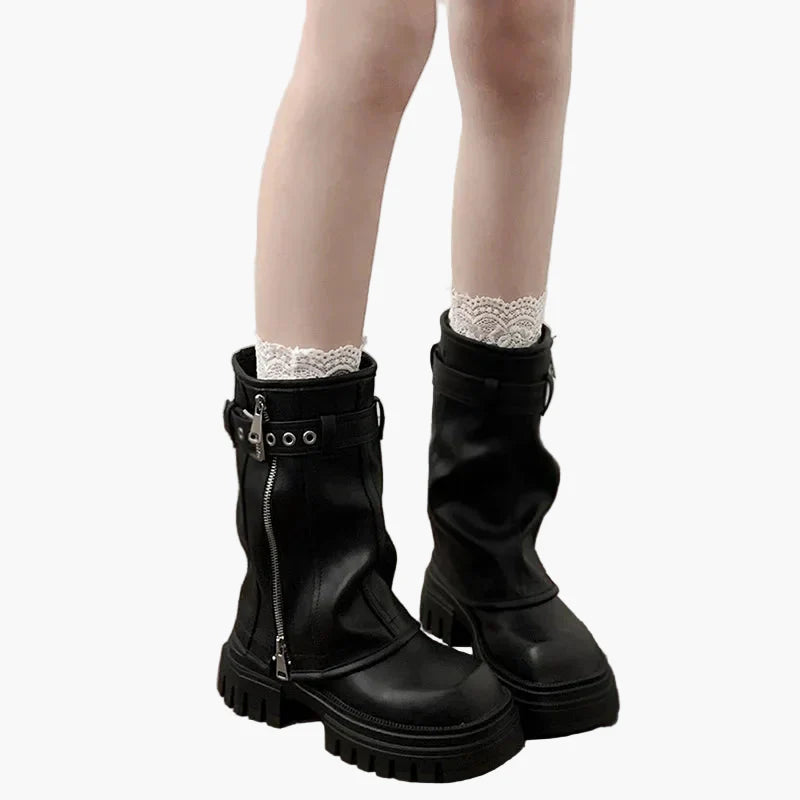 Damen Plateau Stiefel mit Reißverschluss und Schnalle – Trendige Mid-Calf Boots für Herbst & Winter