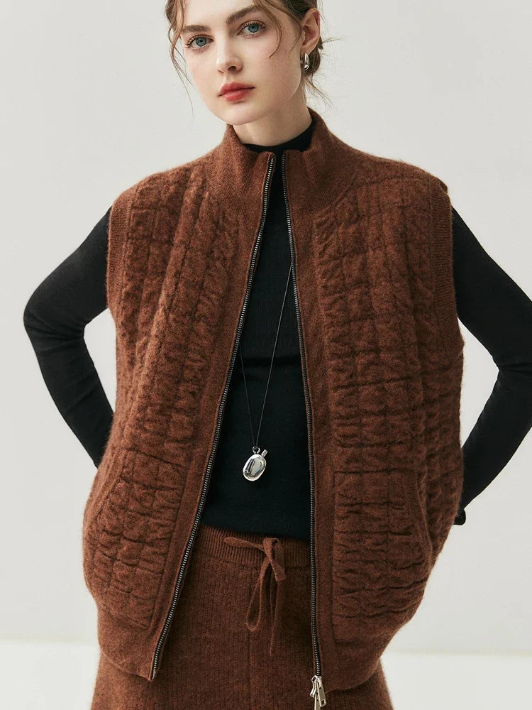 Gilet matelassé en maille pour femme avec fermeture éclair, col montant, crème