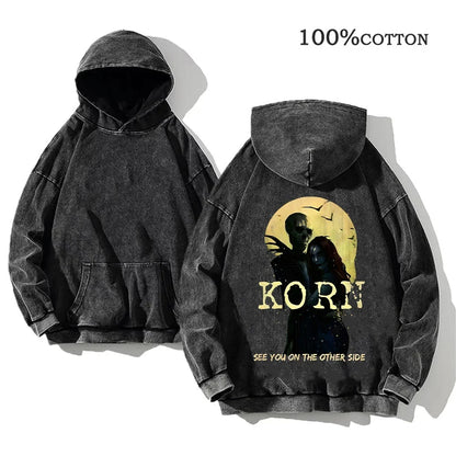Unisex Kapuzenpullover Grau mit Band-Print & Kängurutasche