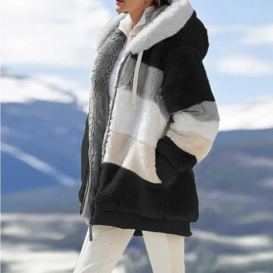 Veste en teddy pour femme à capuche avec fermeture à glissière, color block