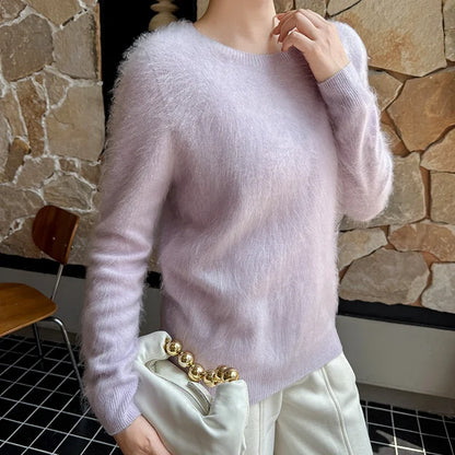 Damen Flauschiger Pullover Rundhalsausschnitt Langarm