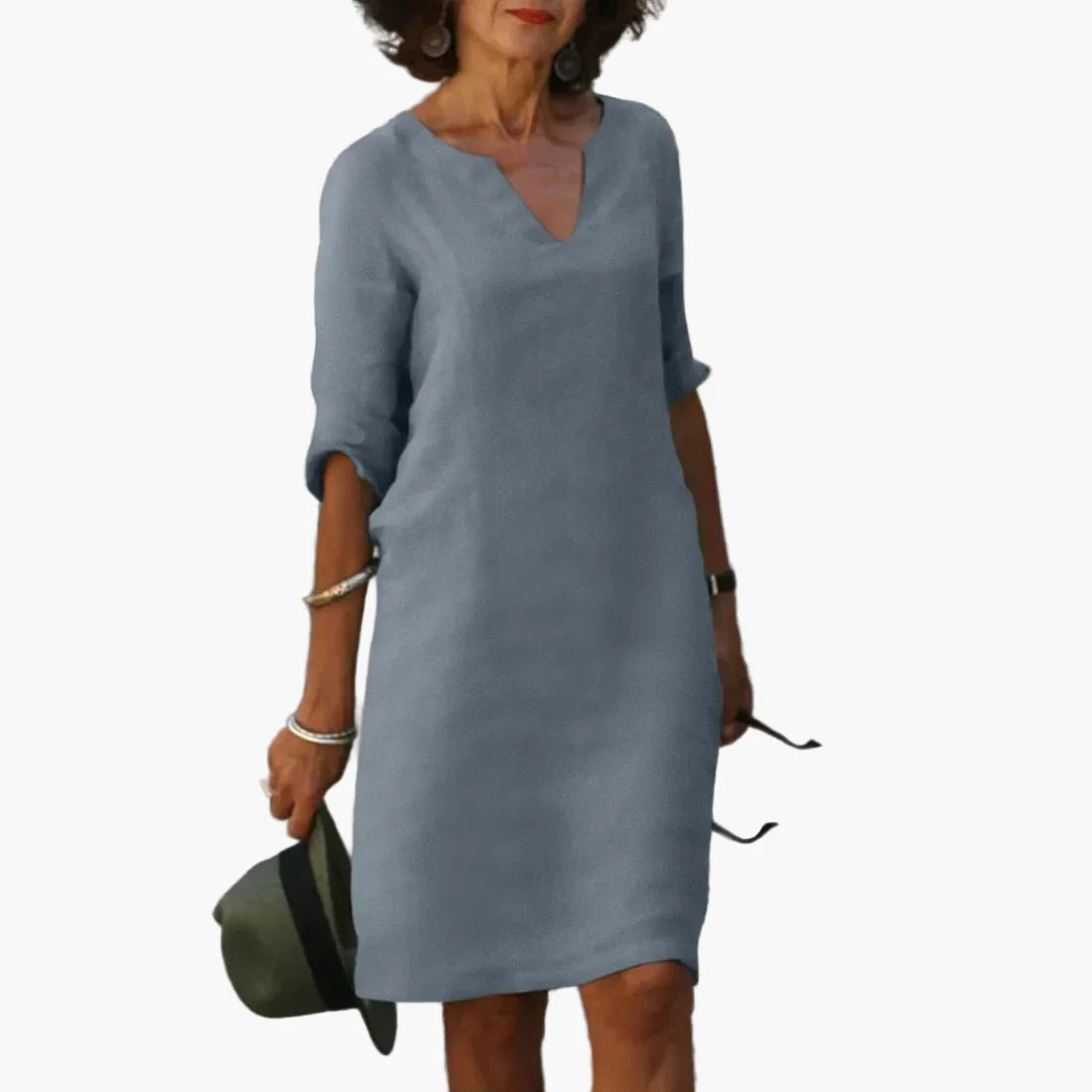 Abito da donna con scollo a V e maniche 3/4 – Abito casual e quotidiano senza tempo, elegante