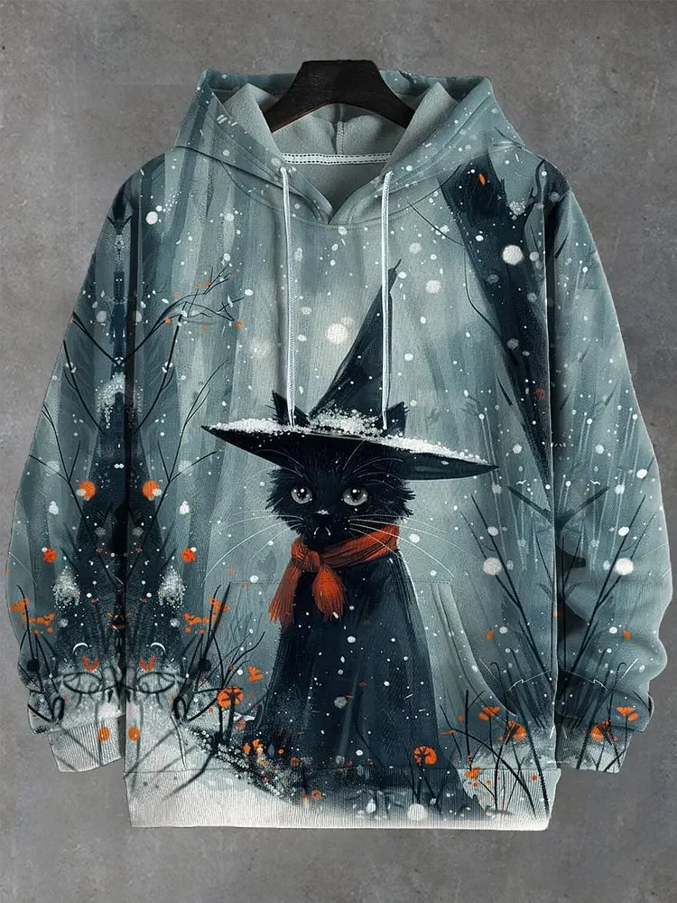 Unisex Kapuzenpullover mit Katzen-Motiv Print Kängurutasche