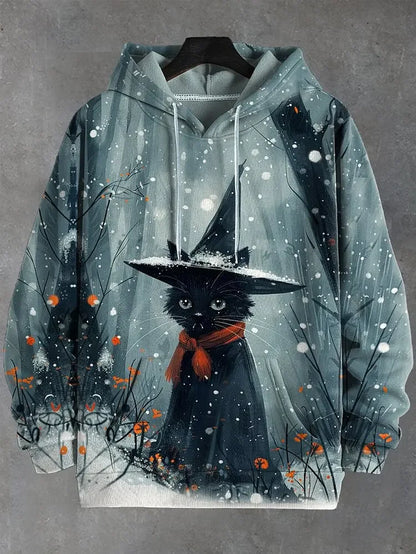 Unisex Kapuzenpullover mit Katzen-Motiv Print Kängurutasche