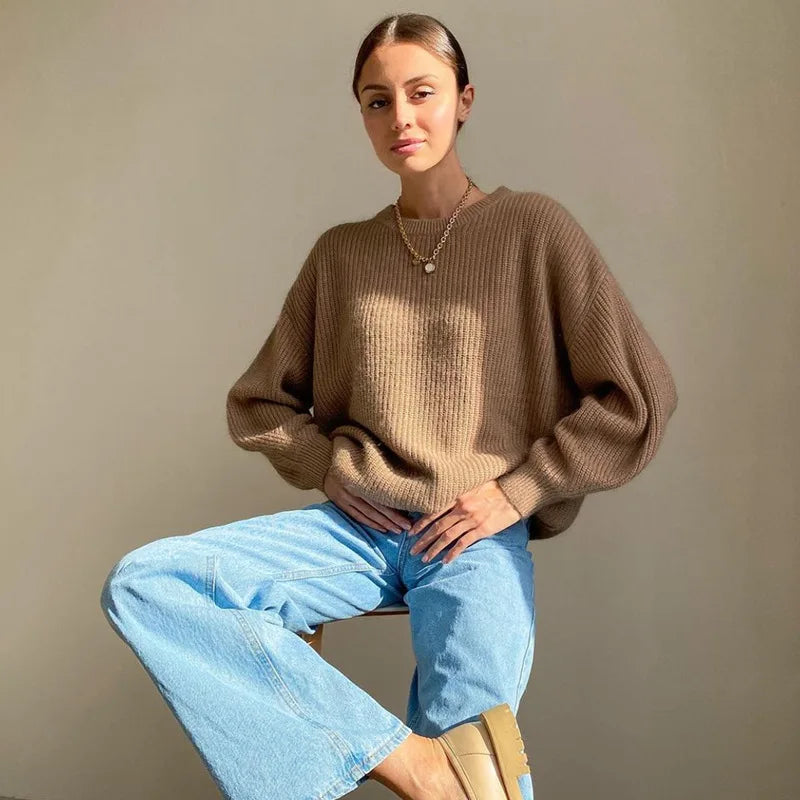 Damen Oversize Strickpullover Rundhals Rippstrick