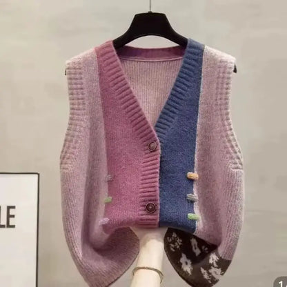 Gilet da donna in maglia con scollo a V, bordi a contrasto, con bottoni