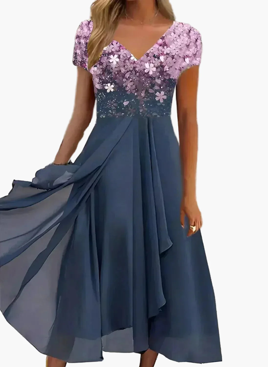 Vestido de noche elegante para mujer, línea A de chiffon, festivo con parte superior floral para ocasiones especiales