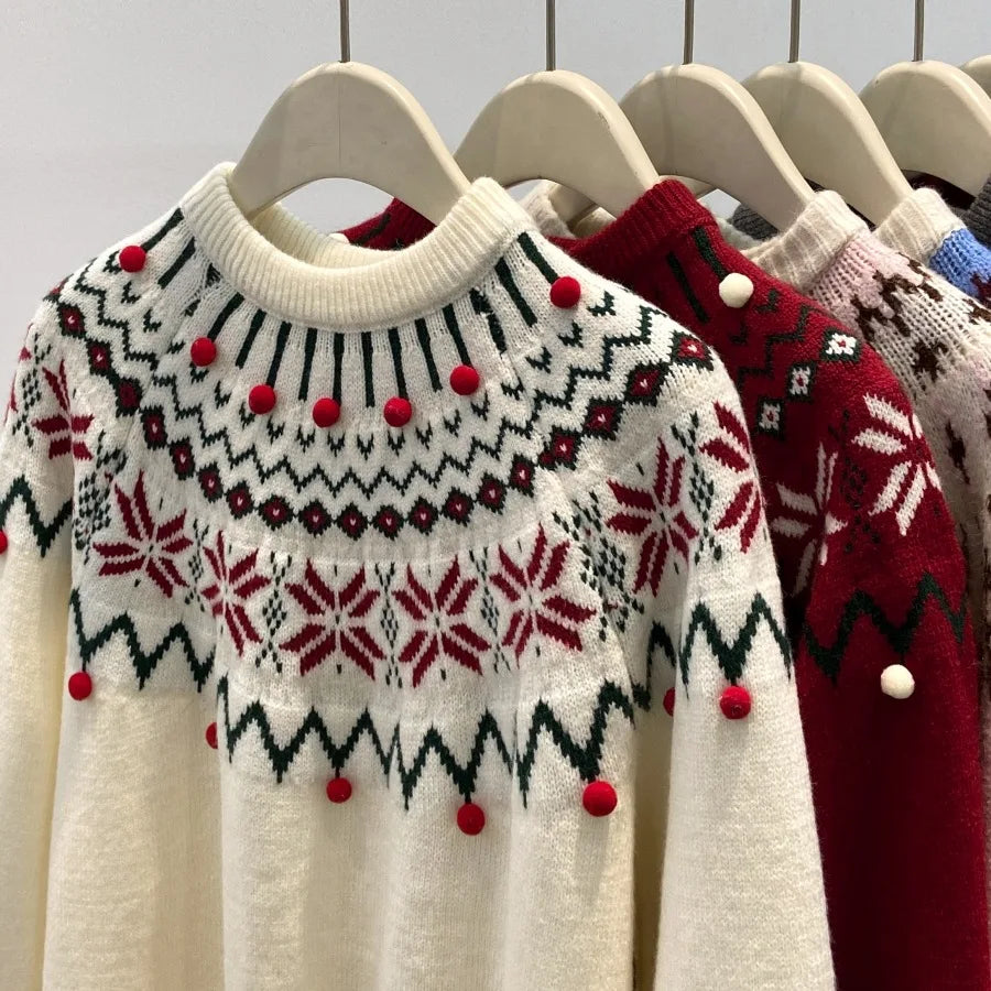 Pull pour femme en maille à motif Fair Isle, col rond, rouge et crème