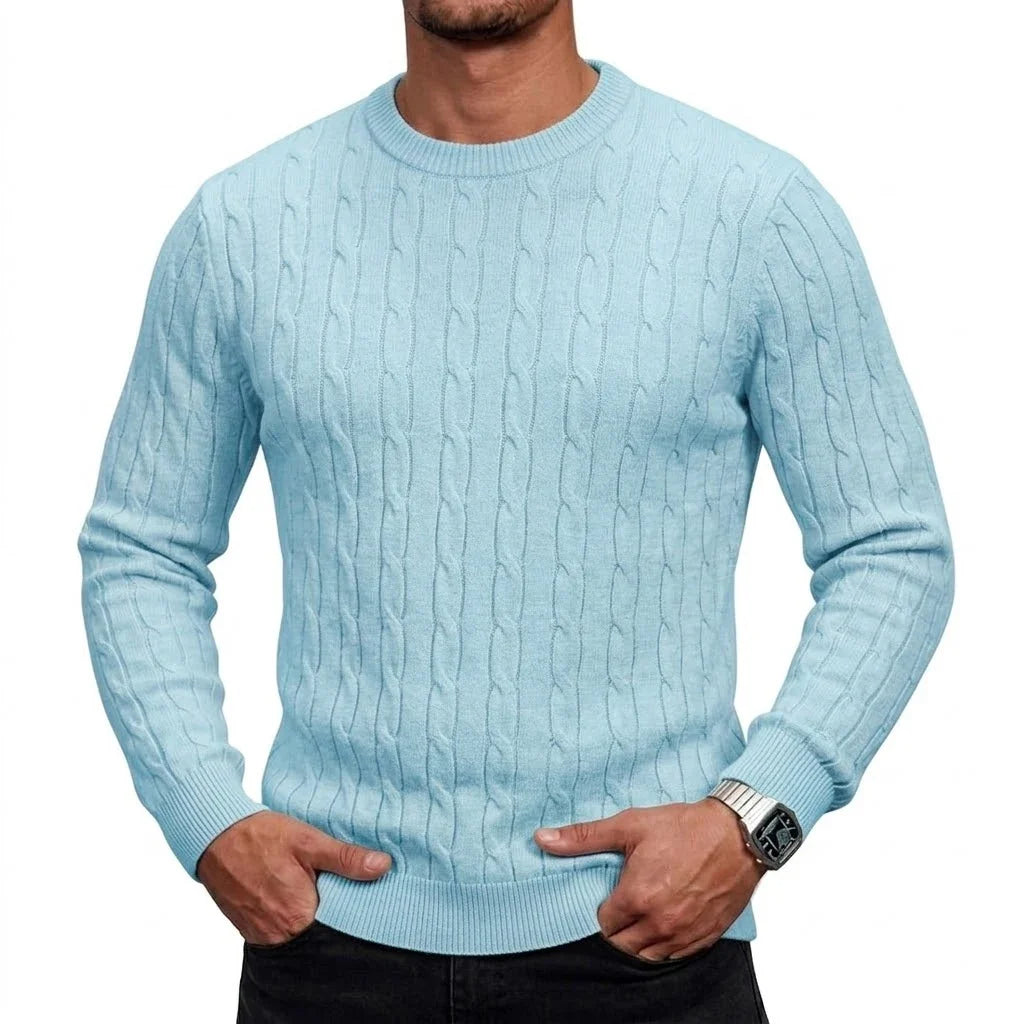Herren Zopfmuster Pullover Rundhals Langarm Strickpullover