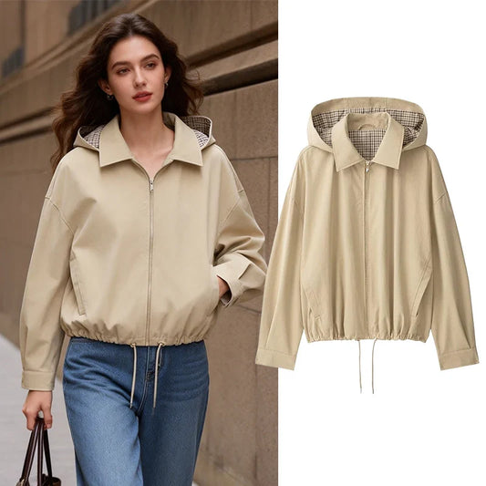 Kort jakke for damer med hette, beige, rutete fôr og glidelås