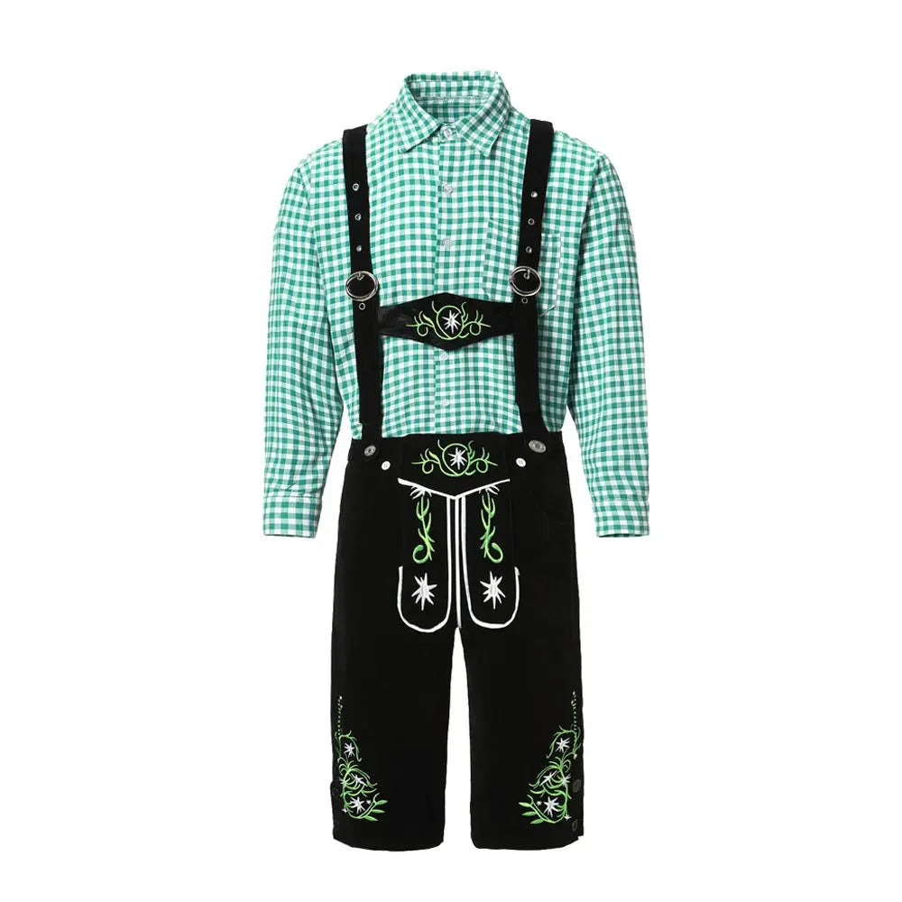 Herenklederdrachtset met geruit overhemd, leren broek en borduursel in groen en bruin