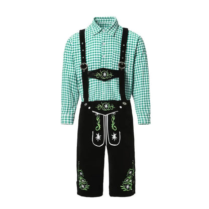 Herenklederdrachtset met geruit overhemd, leren broek en borduursel in groen en bruin