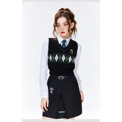 Damen V-Ausschnitt Strickweste Schwarz Argyle-Muster