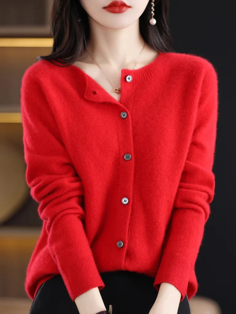 Damen Strickjacke mit Rundhalsausschnitt, Knopfleiste und langen Ärmeln, meliert grau