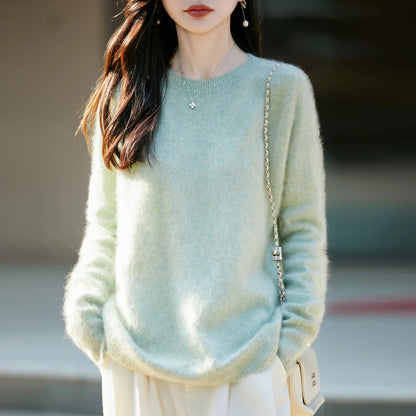 Pullover da donna in maglia, a girocollo, a maniche lunghe, morbido