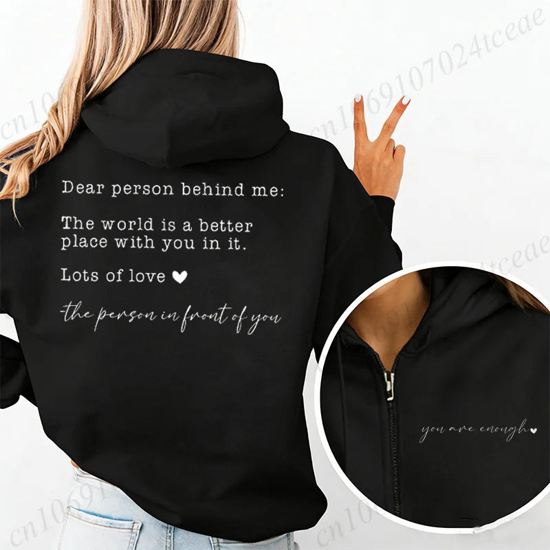 Damen Hoodie mit "Dear person behind me" Aufdruck und Reißverschluss-Detail