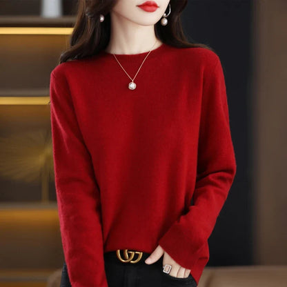 Damen Pullover Rundhals Langarm Strickpullover Einfarbig