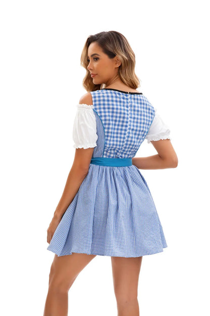 Damesdirndl blauw geruit en effen met schort, schoudervrij