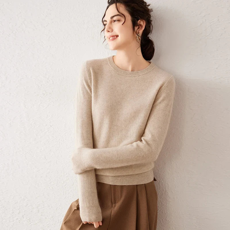 Pull femme à col rond et manches longues, maille fine, basique