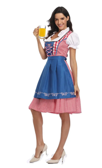 Damen Dirndl Trachtenkleid mit Schürze und Bluse Kariert Spitzenverzierung