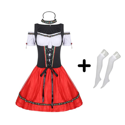 Damski krótki kostium ludowy typu dirndl, czarno-czerwono-biała sukienka na Oktoberfest