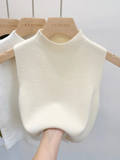 Ärmelloses Stricktop Damen Stehkragen Rippstrick Tanktop