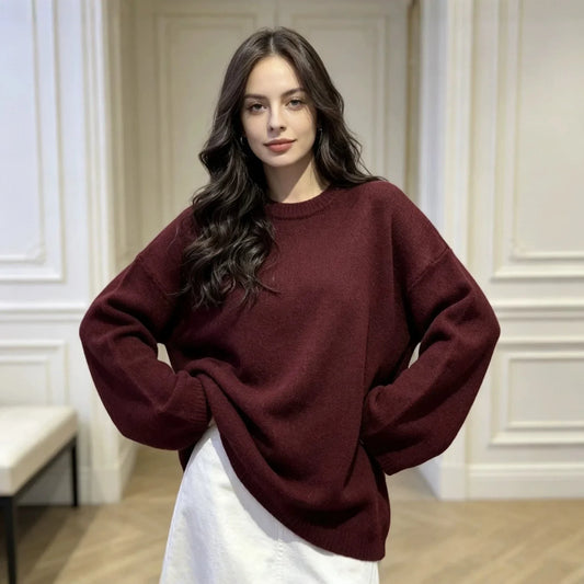 Långärmad oversize-tröja för dam med rund hals, stickad
