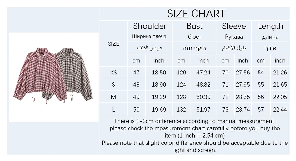 Damesblouse met ruitpatroon, hoge kraag en veterdetails – lange mouwen