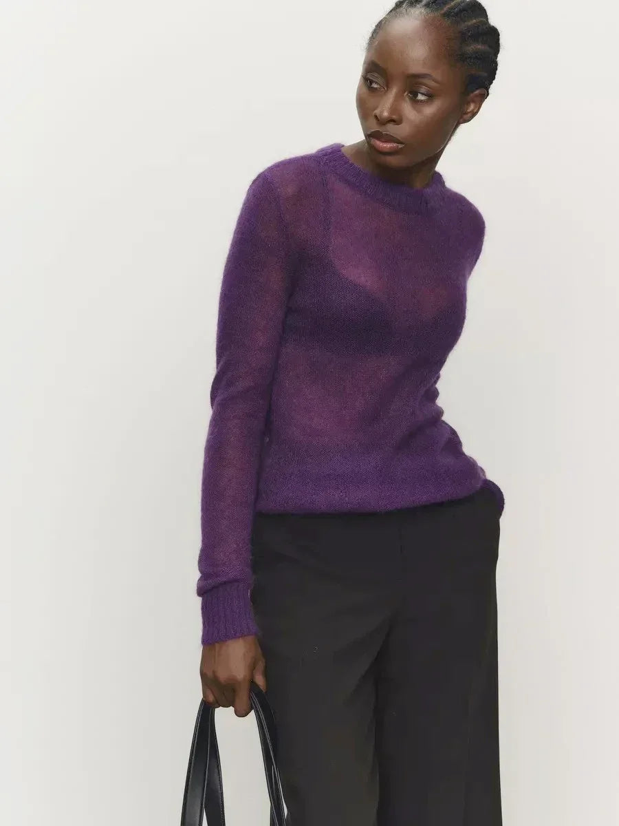 Pull transparent pour femme, col rond, manches longues, en maille