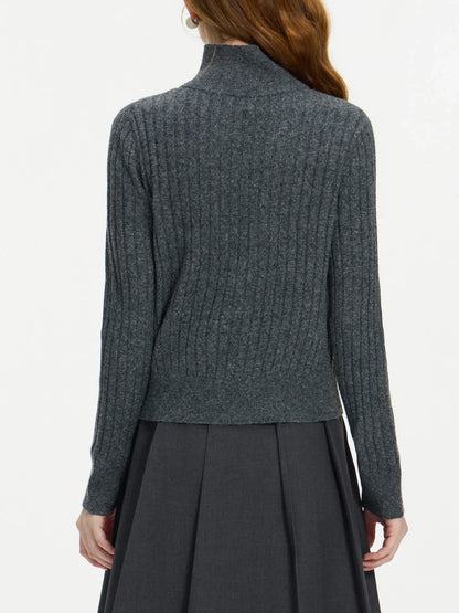 Damen Poloshirt-Pullover Grau Gerippt Langarm Knopfleiste