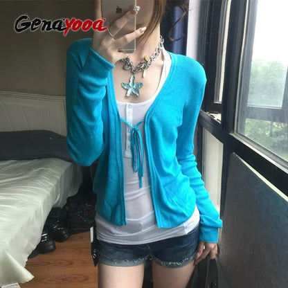 Cardigan da donna in maglia con scollo a V, maniche lunghe, blu