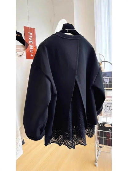 Sudadera de mujer con encaje superpuesto y espalda abierta - negra o crema