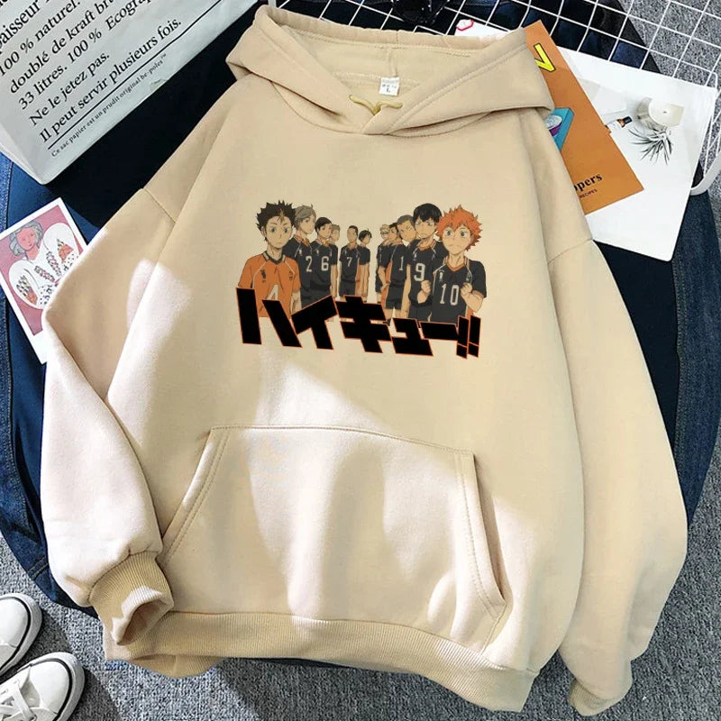 Felpa unisex con cappuccio e stampa anime - beige chiaro "Karasuno Volleyball Club"
