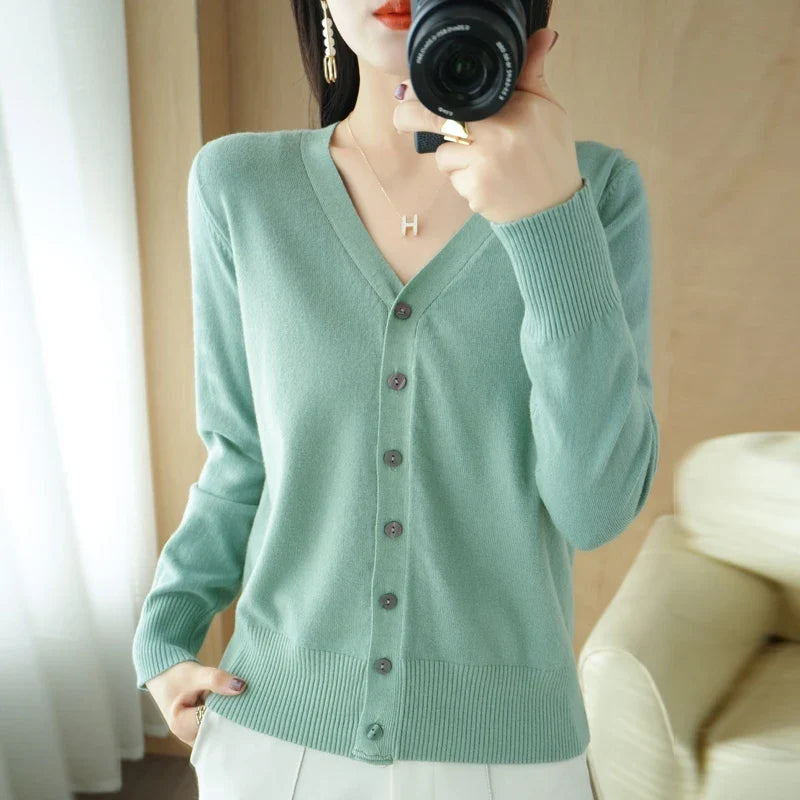 Damen Strickjacke V-Ausschnitt Knopfleiste Langarm Cardigan