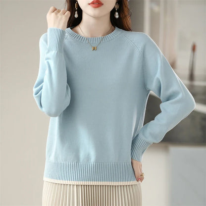 Damen Rundhals Strickpullover Langarm Feinstrick Hellblau