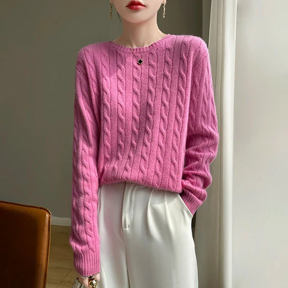 Dame-kabelstriksweater med rund hals og lange ærmer