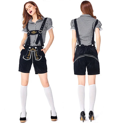 Costume da donna in stile dirndl con camicetta a quadri e pantaloncini con bretelle, vari colori