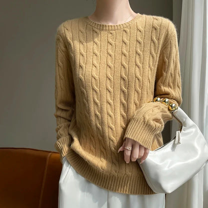 Dame-kabelstriksweater med rund hals og lange ærmer