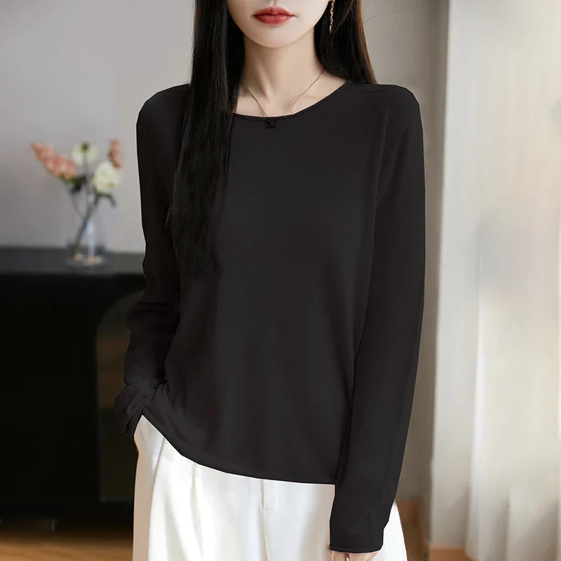 Suéter de manga larga para mujer con cuello redondo, tejido fino y diseño básico