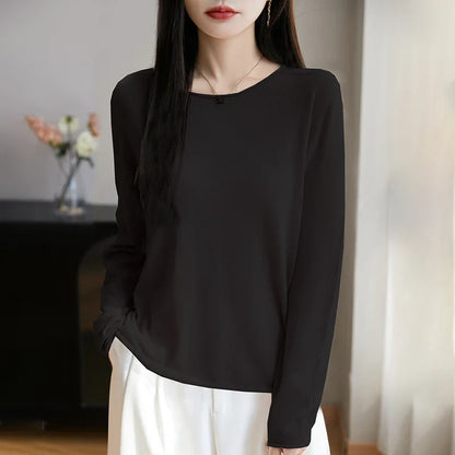 Suéter de manga larga para mujer con cuello redondo, tejido fino y diseño básico
