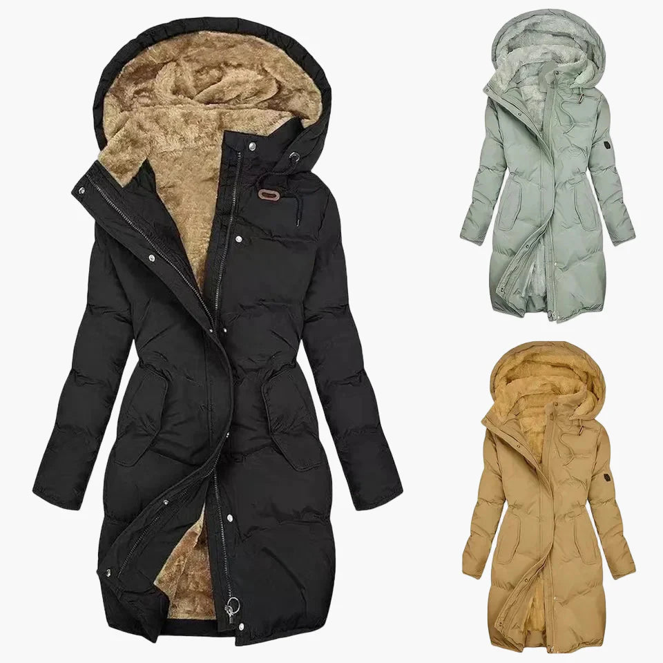 Cappotto invernale da donna con cappuccio – Elegante cappotto trapuntato lungo per tutti i giorni e attività all'aperto