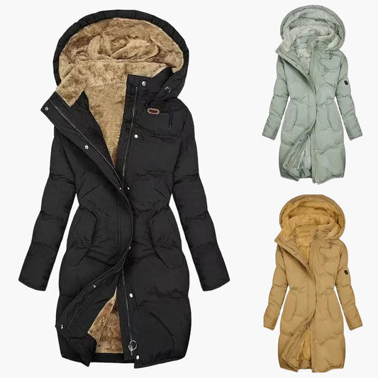 Dam vinterkappa med huva – Elegant lång quiltad kappa för vardag och utomhus