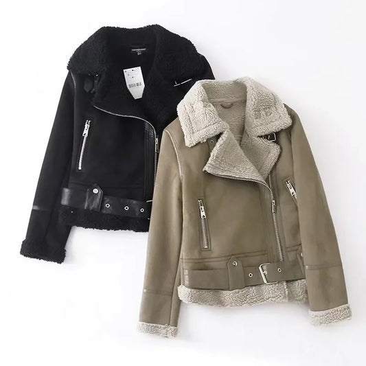 Winterjacke Damen Kunstleder gefüttert mit Reißverschluss und Schnallen Schwarz