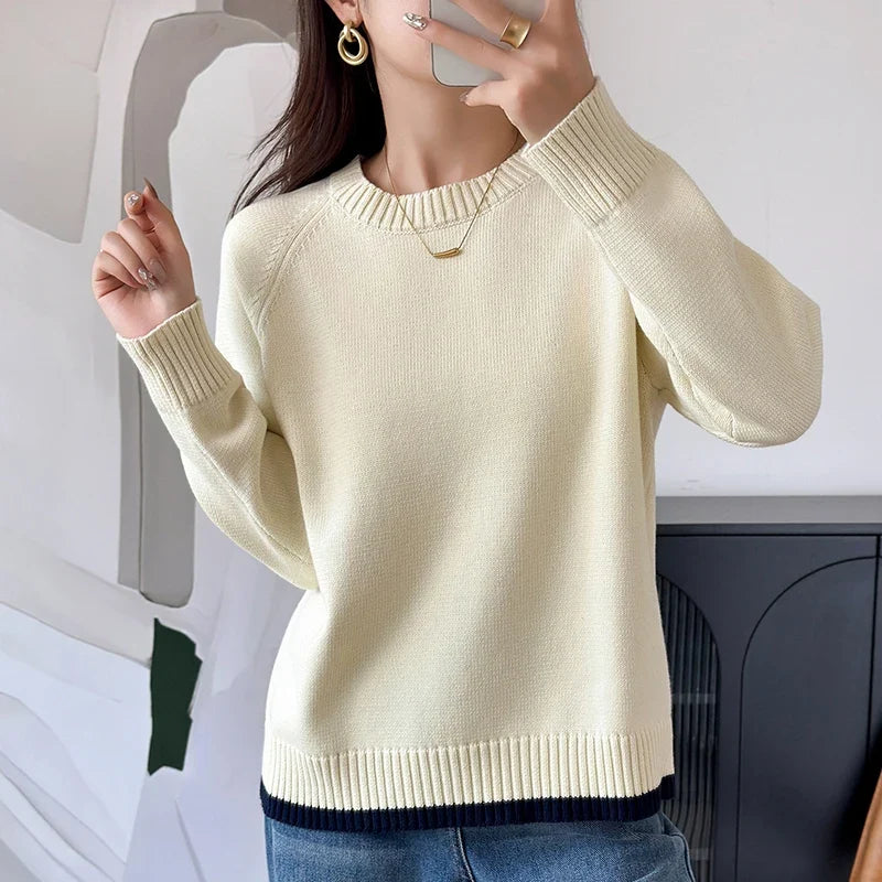 Damen Pullover Rundhals Rippbündchen Strick