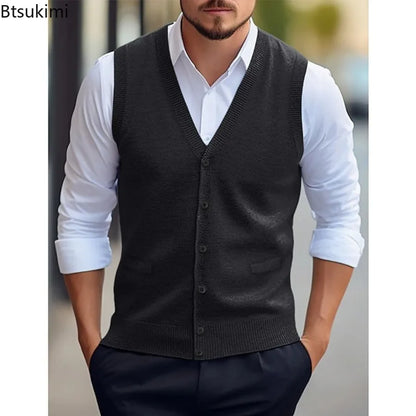 Gilet da uomo lavorato a maglia, con scollo a V, abbottonatura, grigio scuro e senza maniche