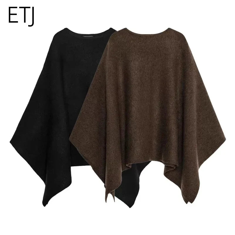 Damen Poncho Pullover V-Ausschnitt Weiches Material in Braun und Schwarz