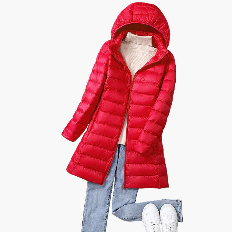Dames winter gewatteerde mantel met capuchon – Stijlvolle lange outdoor puffer voor dagelijks en vrijetijd