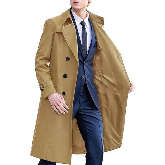Herren Trenchcoat Zweireiher Langer Mantel mit Reverskragen und Gürteldetails