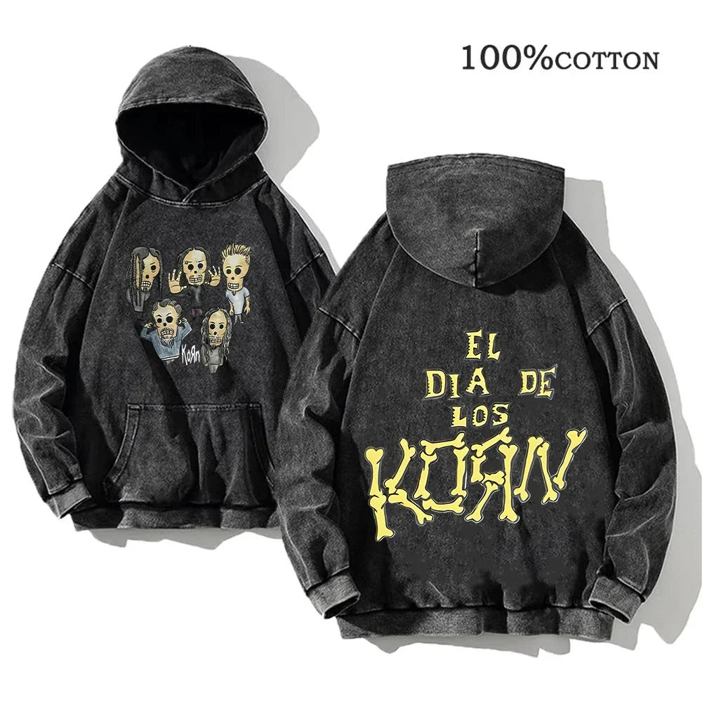 Unisex Kapuzenpullover Grau mit Band-Print & Kängurutasche