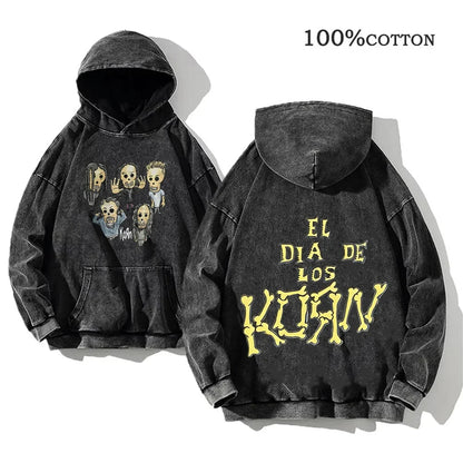 Unisex Kapuzenpullover Grau mit Band-Print & Kängurutasche
